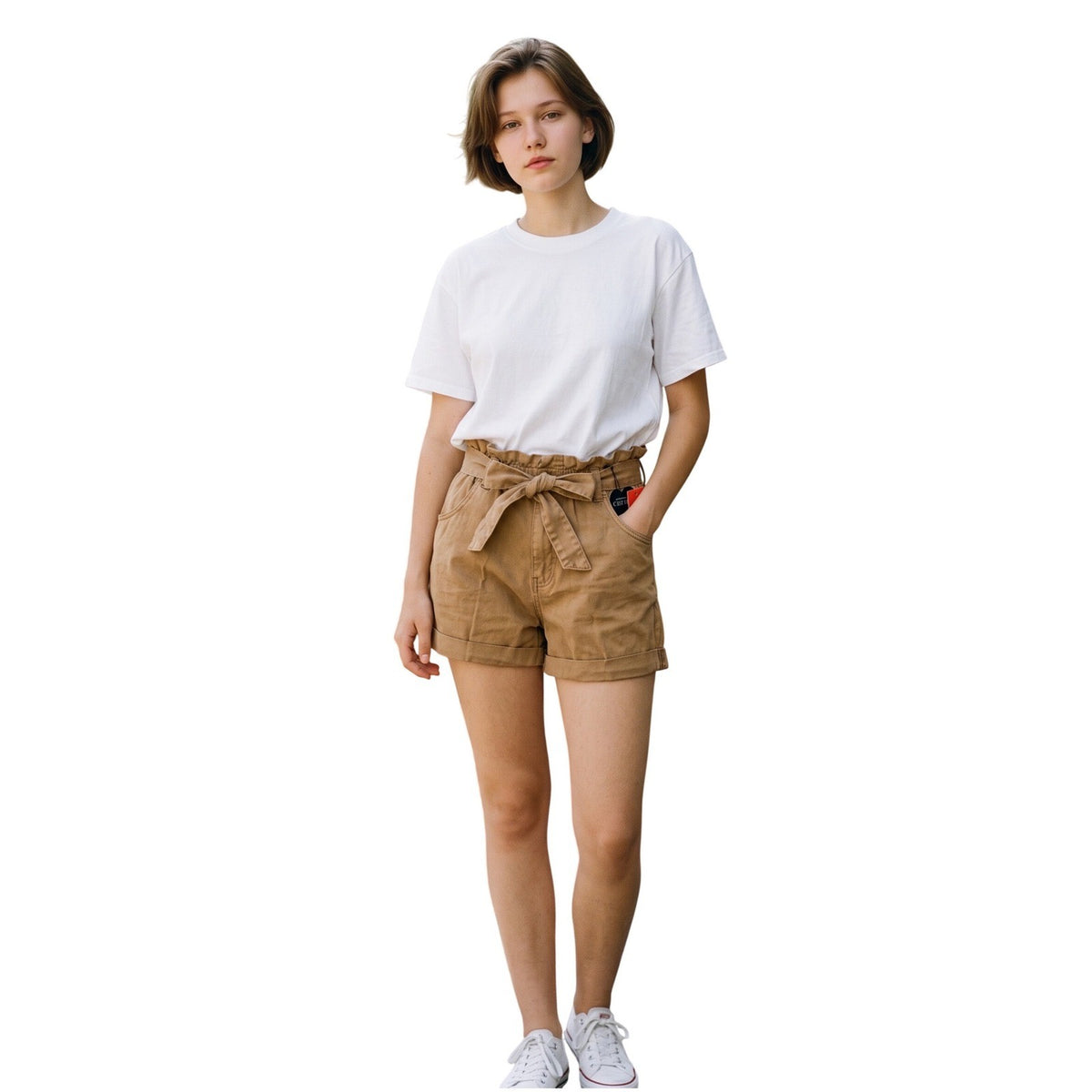 C'est Toi Womens Paperbag Waist Shorts Camel Tan Tencel High Rise Tie Belt L