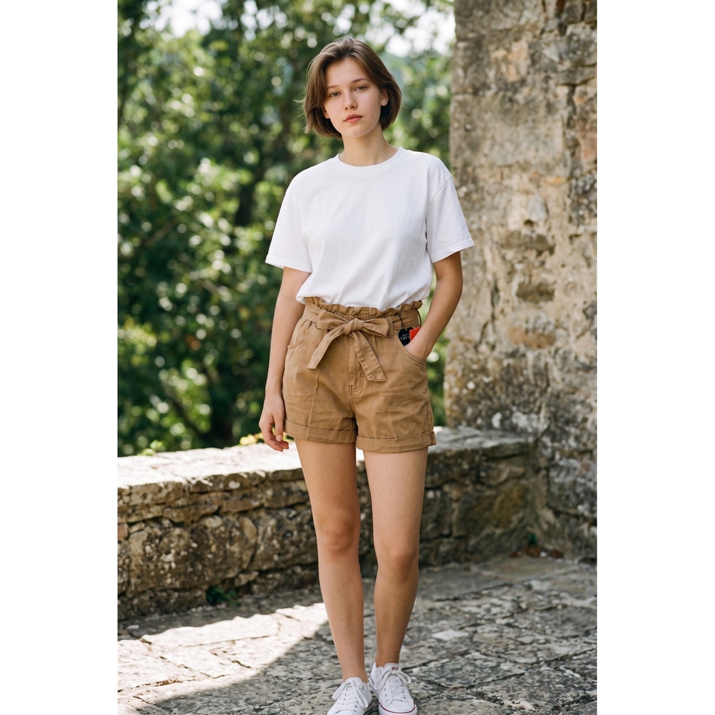 C'est Toi Womens Paperbag Waist Shorts Camel Tan Tencel High Rise Tie Belt L