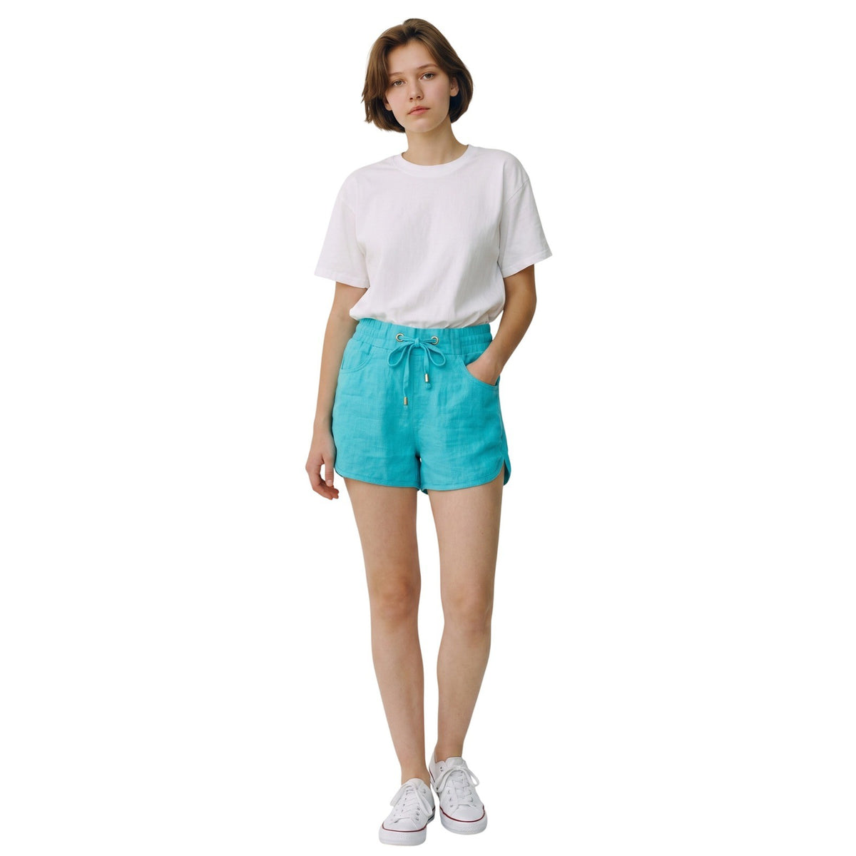 C'est Toi Womens Aqua Linen Blend Dolphin Shorts Drawstring Pockets TP549 Large