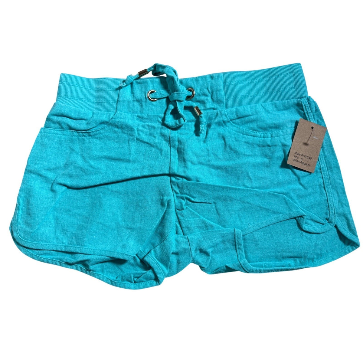 C'est Toi Womens Aqua Linen Blend Dolphin Shorts Drawstring Pockets TP549 Large