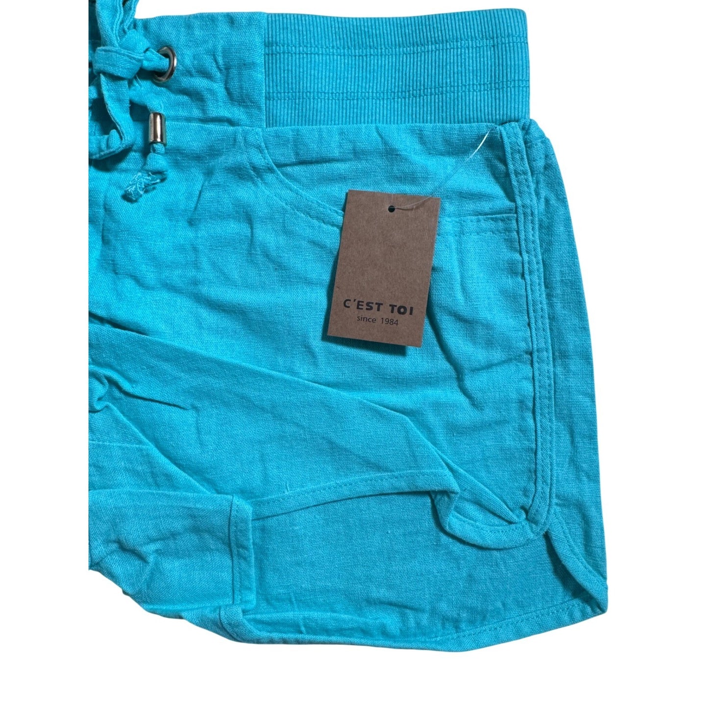C'est Toi Womens Aqua Linen Blend Dolphin Shorts Drawstring Pockets TP549 Large