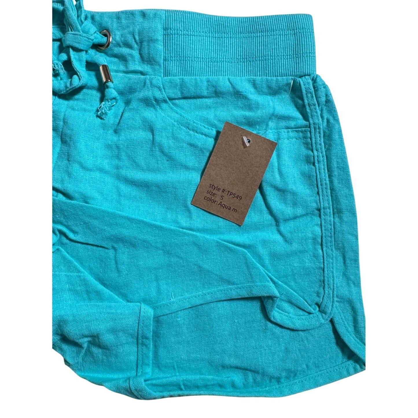 C'est Toi Womens Aqua Linen Blend Dolphin Shorts Drawstring Pockets TP549 Small