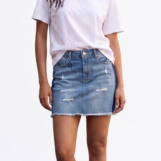 Black Label Cest Toi Distressed Denim Mini Skirt Two Tone Raw Hem Blue MS245 L