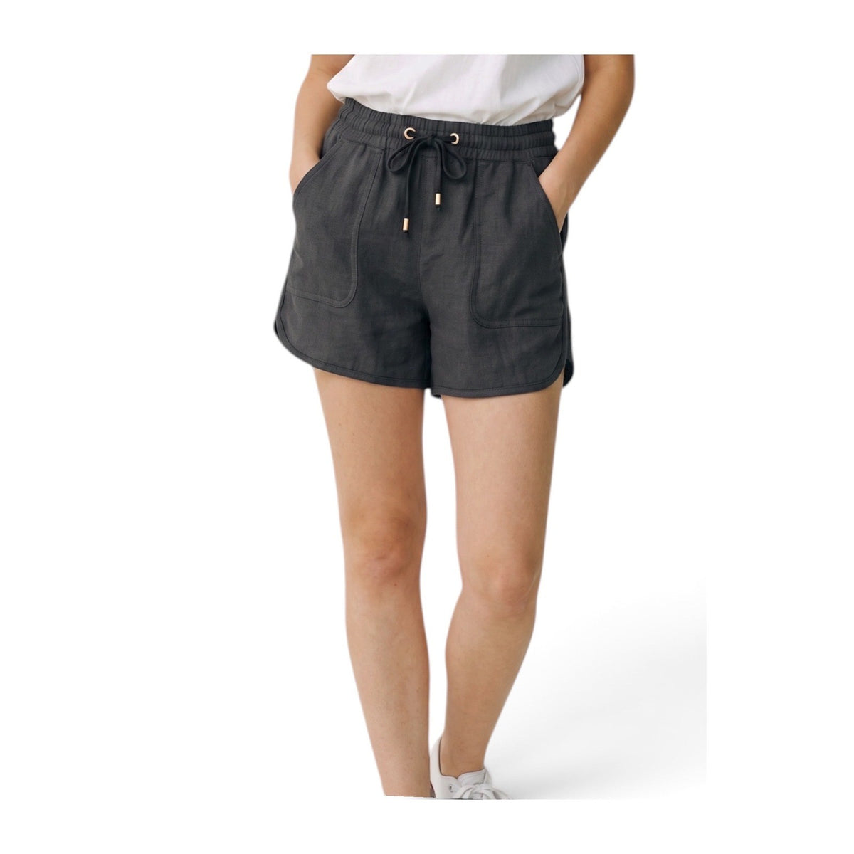 C'est Toi Womens Black Linen Blend Dolphin Shorts Drawstring Pockets TP549 Small