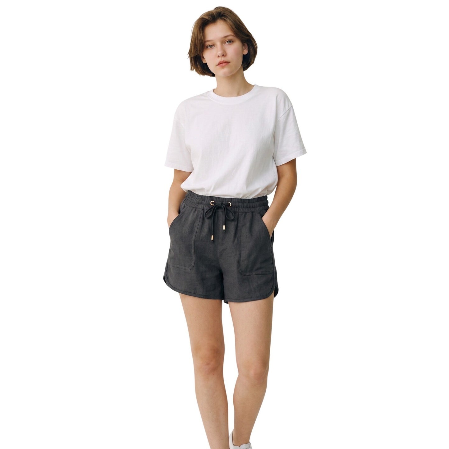 C'est Toi Womens Black Linen Blend Dolphin Shorts Drawstring Pockets TP549 Small