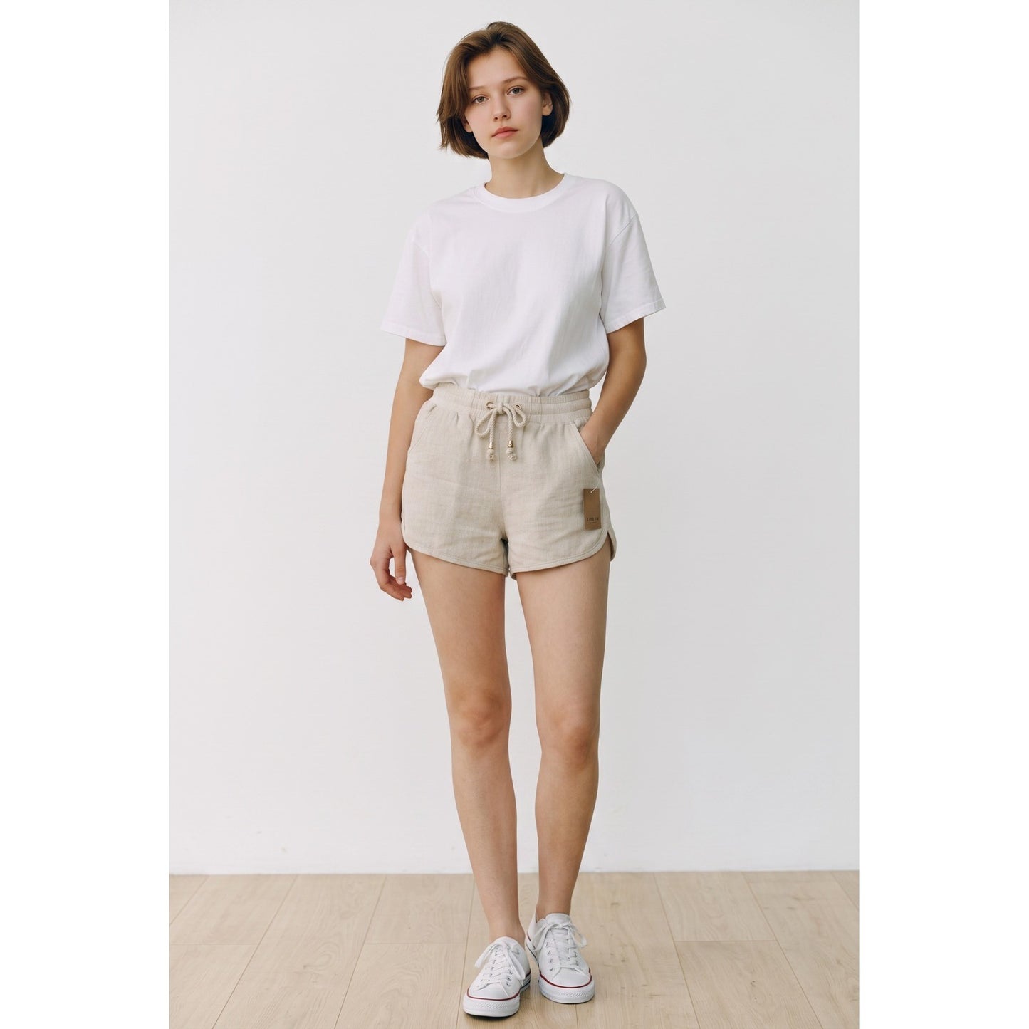 Cest Toi Womens Khaki Linen Blend Drawstring Dolphin Shorts TP549 Size S NEW