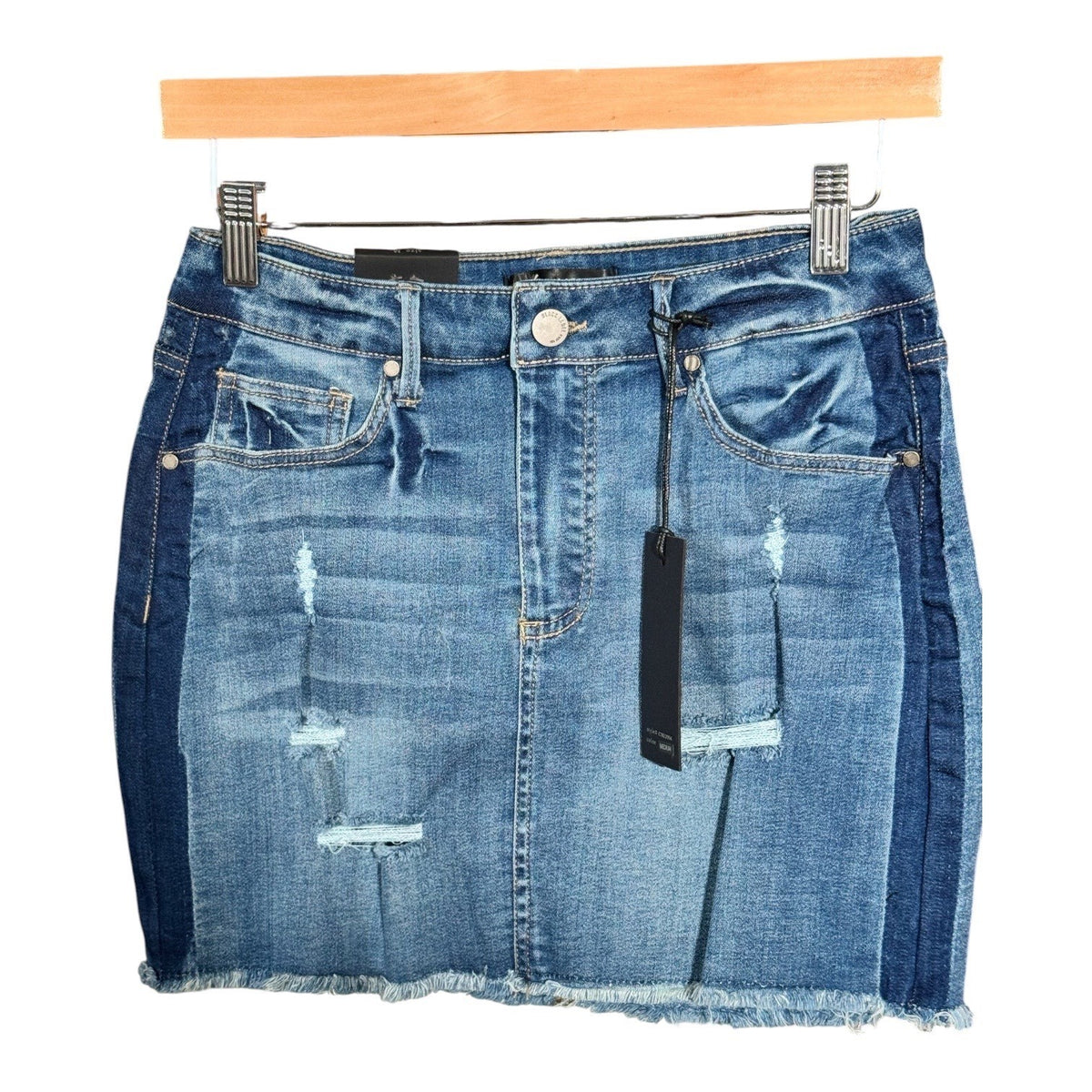 Black Label Cest Toi Distressed Denim Mini Skirt Two Tone Raw Hem Blue MS245 L