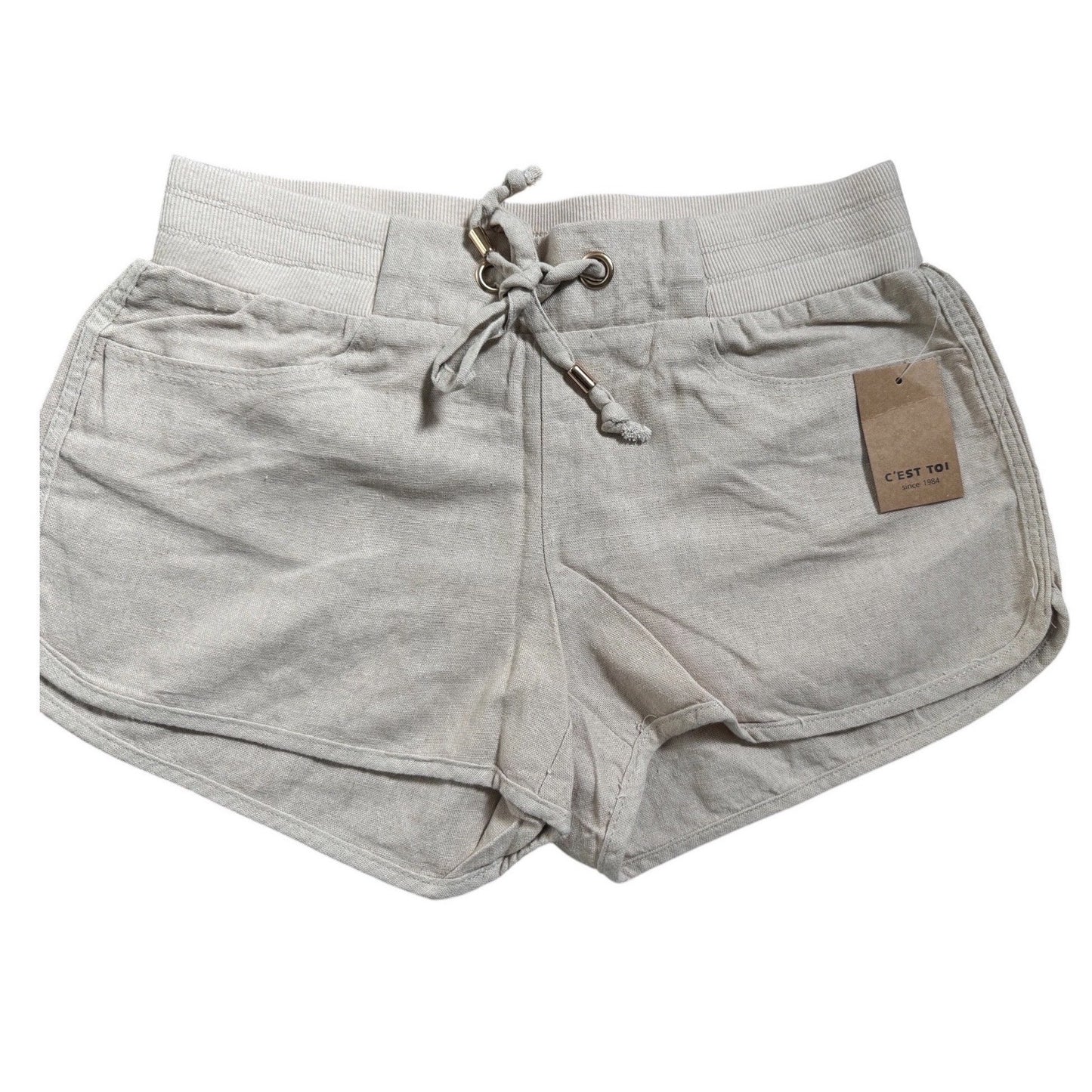 Cest Toi Womens Khaki Linen Blend Drawstring Dolphin Shorts TP549 Size S NEW