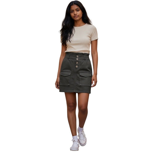 Black Denim Cargo Mini Skirt High Waisted Paperbag Elastic Waist Button Front