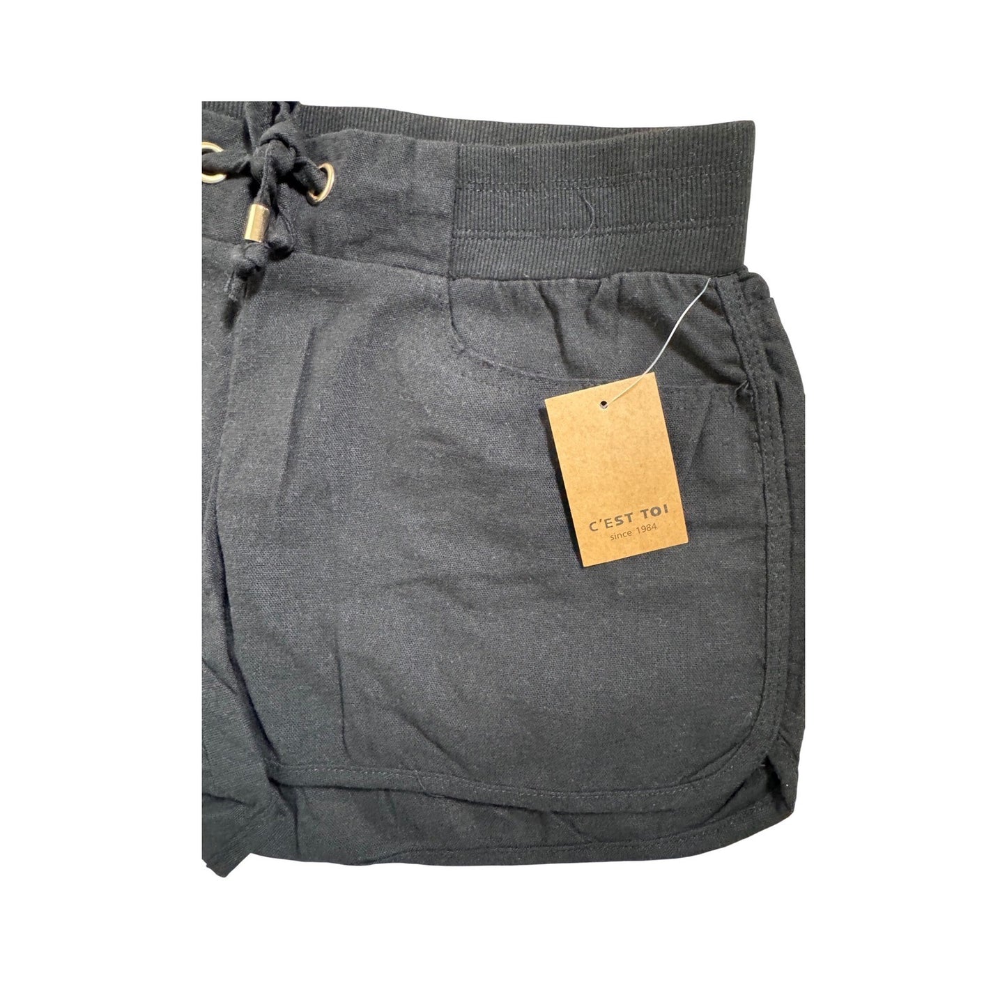 C'est Toi Womens Black Linen Blend Dolphin Shorts Drawstring Pockets TP549 Small
