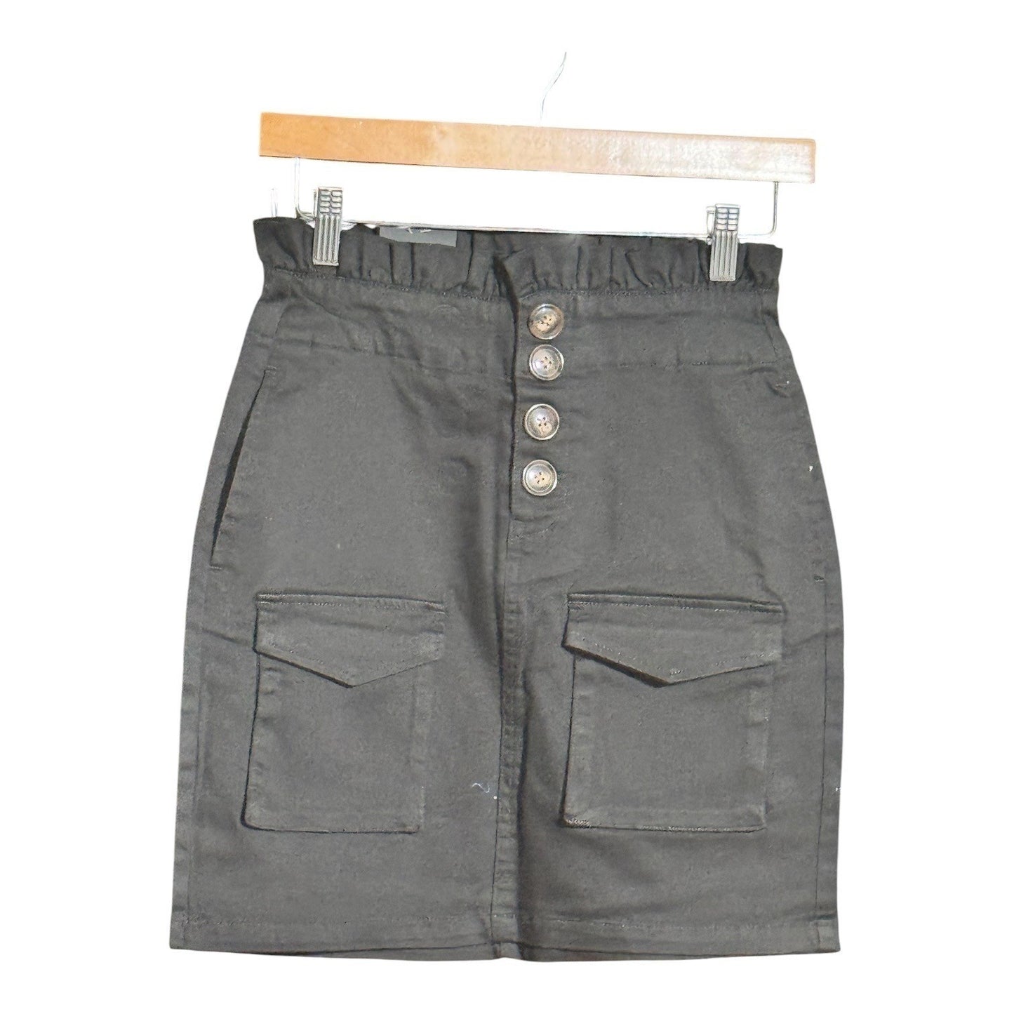 Black Denim Cargo Mini Skirt High Waisted Paperbag Elastic Waist Button Front