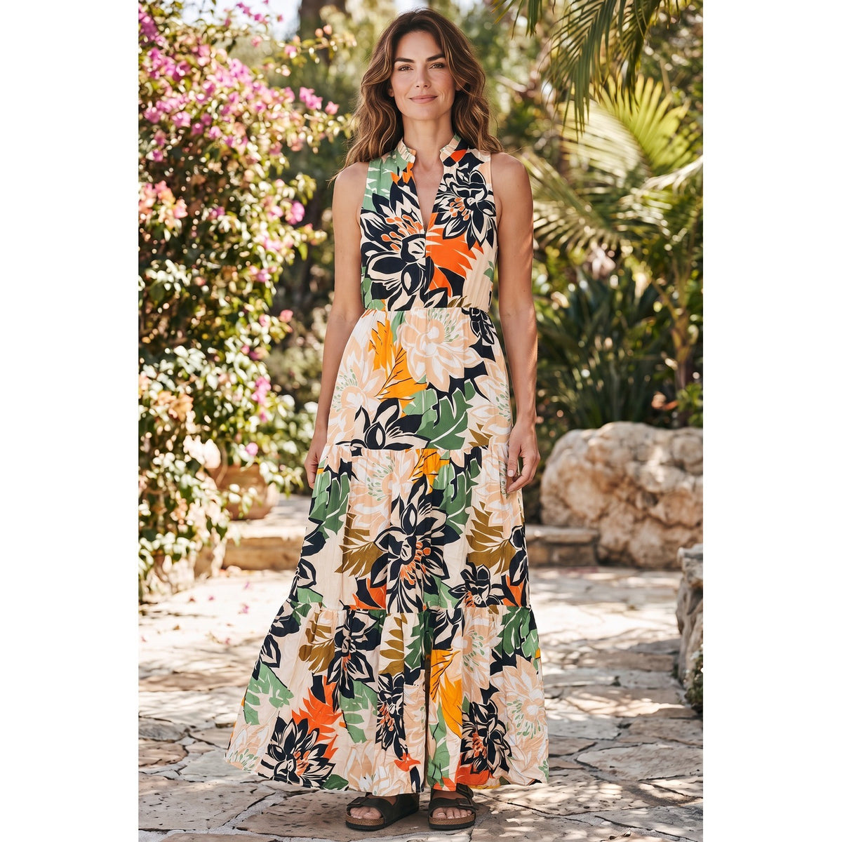 Vince Camuto Floral Tiered Maxi Dress Sleeveless Ruffle Neck Orange Green XS New