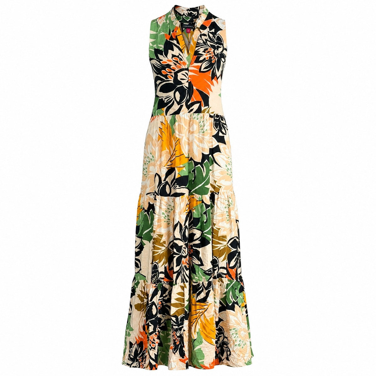 Vince Camuto Floral Tiered Maxi Dress Sleeveless Ruffle Neck Orange Green XS New