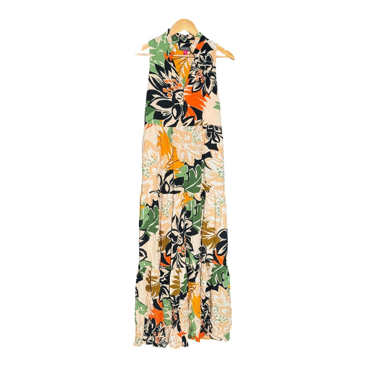 Vince Camuto Floral Tiered Maxi Dress Sleeveless Ruffle Neck Orange Green XS New