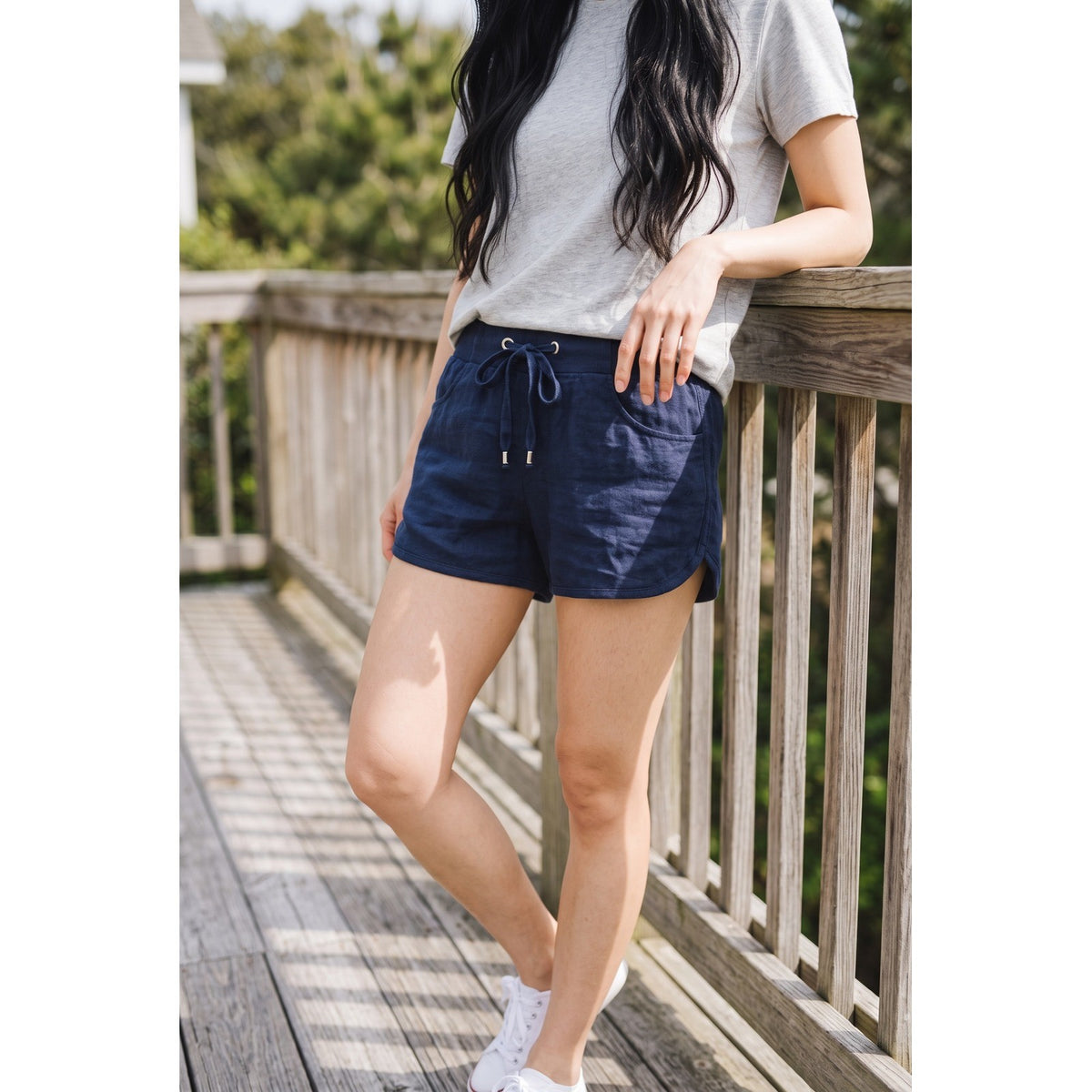 C'est Toi Womens Navy Blue Linen Blend Drawstring Dolphin Shorts NWT L