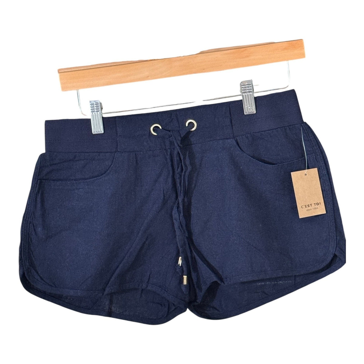 C'est Toi Womens Navy Blue Linen Blend Drawstring Dolphin Shorts NWT L