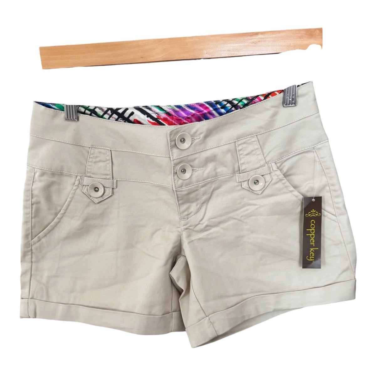 Copper Key Womens Khaki Chino Shorts Multi Button Front Cuffed Tan Beige NWT 3