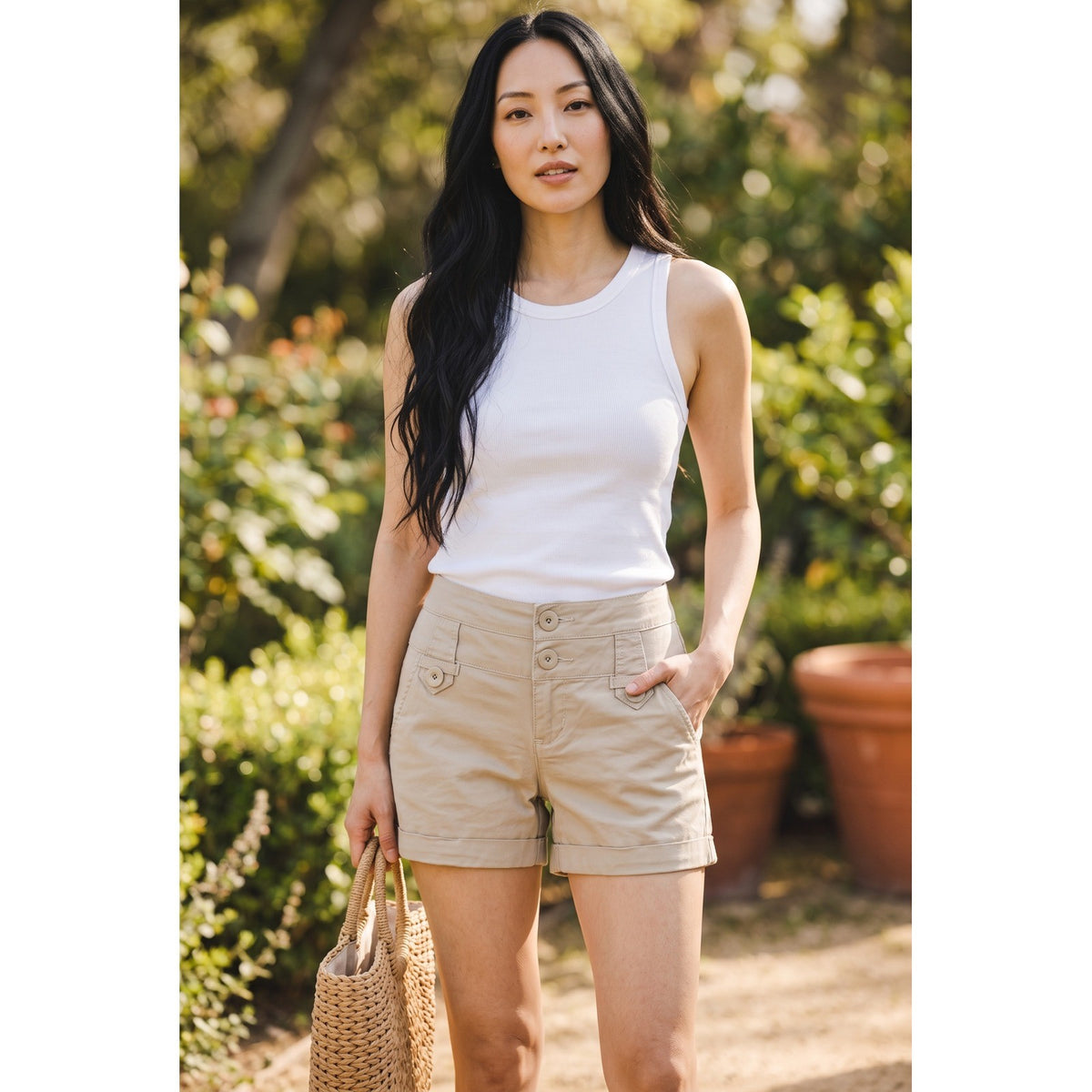 Copper Key Khaki Chino Shorts Tan Multi Button Stretch Cuffed Women Size 11 NWT