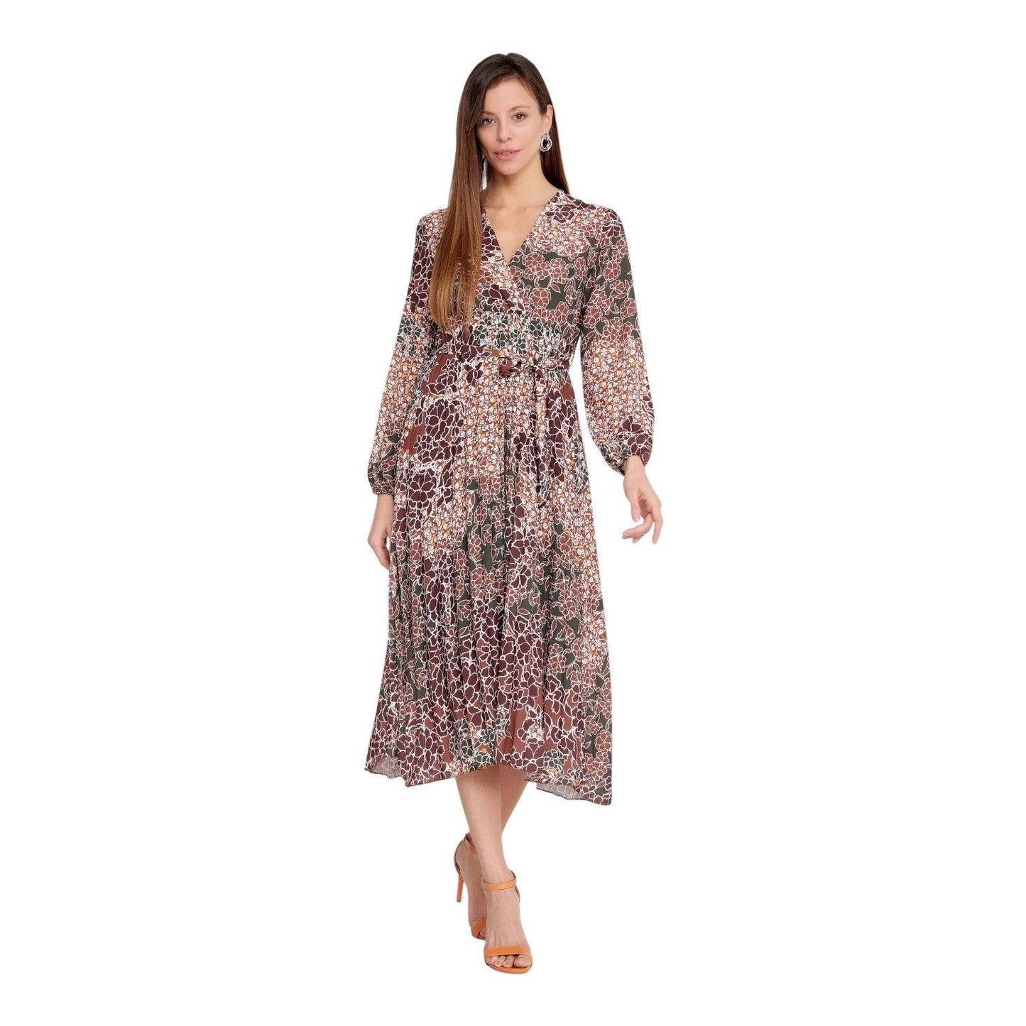 Eslina Karop Floral Patchwork Midi Dress Long Bishop Sleeve Brown Tan V-Neck L
