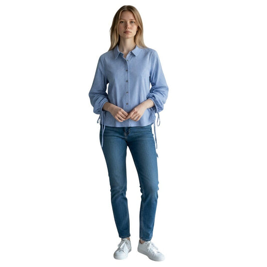 Vince Camuto Blue White Striped Ruched Tie Sleeve Button Down Shirt M MSRP $119
