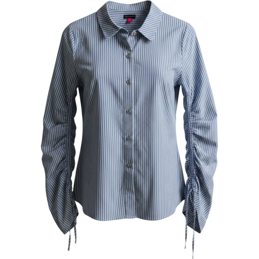 Vince Camuto Blue White Striped Ruched Tie Sleeve Button Down Shirt M MSRP $119