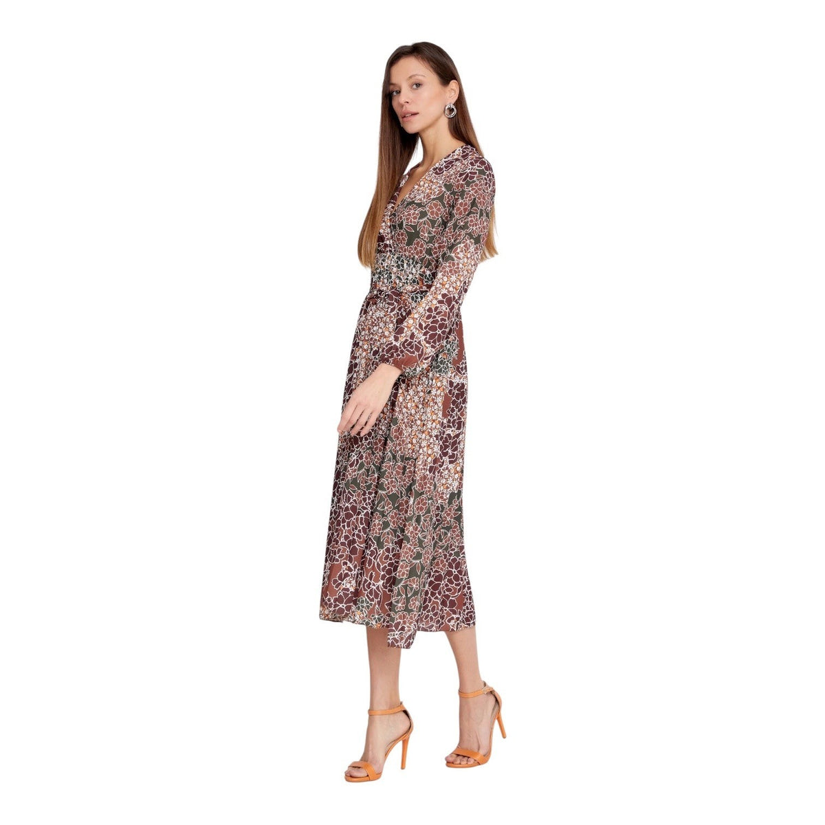 Eslina Karop Floral Patchwork Midi Dress Long Bishop Sleeve Brown Tan V-Neck S