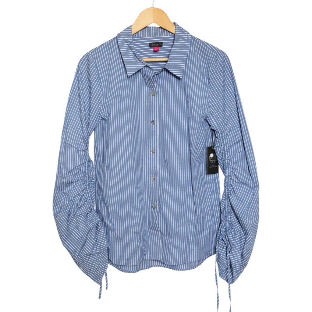 Vince Camuto Blue White Striped Ruched Tie Sleeve Button Down Shirt M MSRP $119