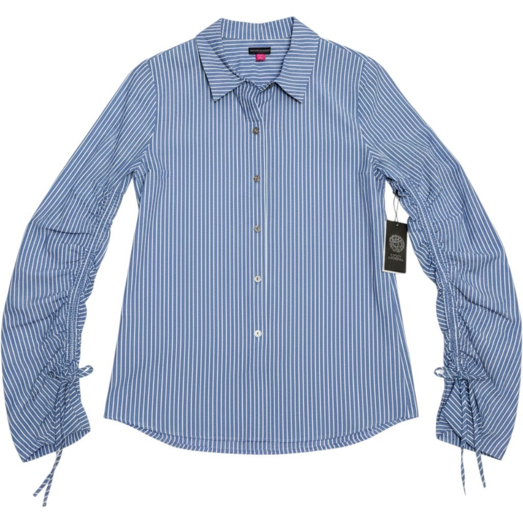 Vince Camuto Blue White Striped Ruched Tie Sleeve Button Down Shirt M MSRP $119