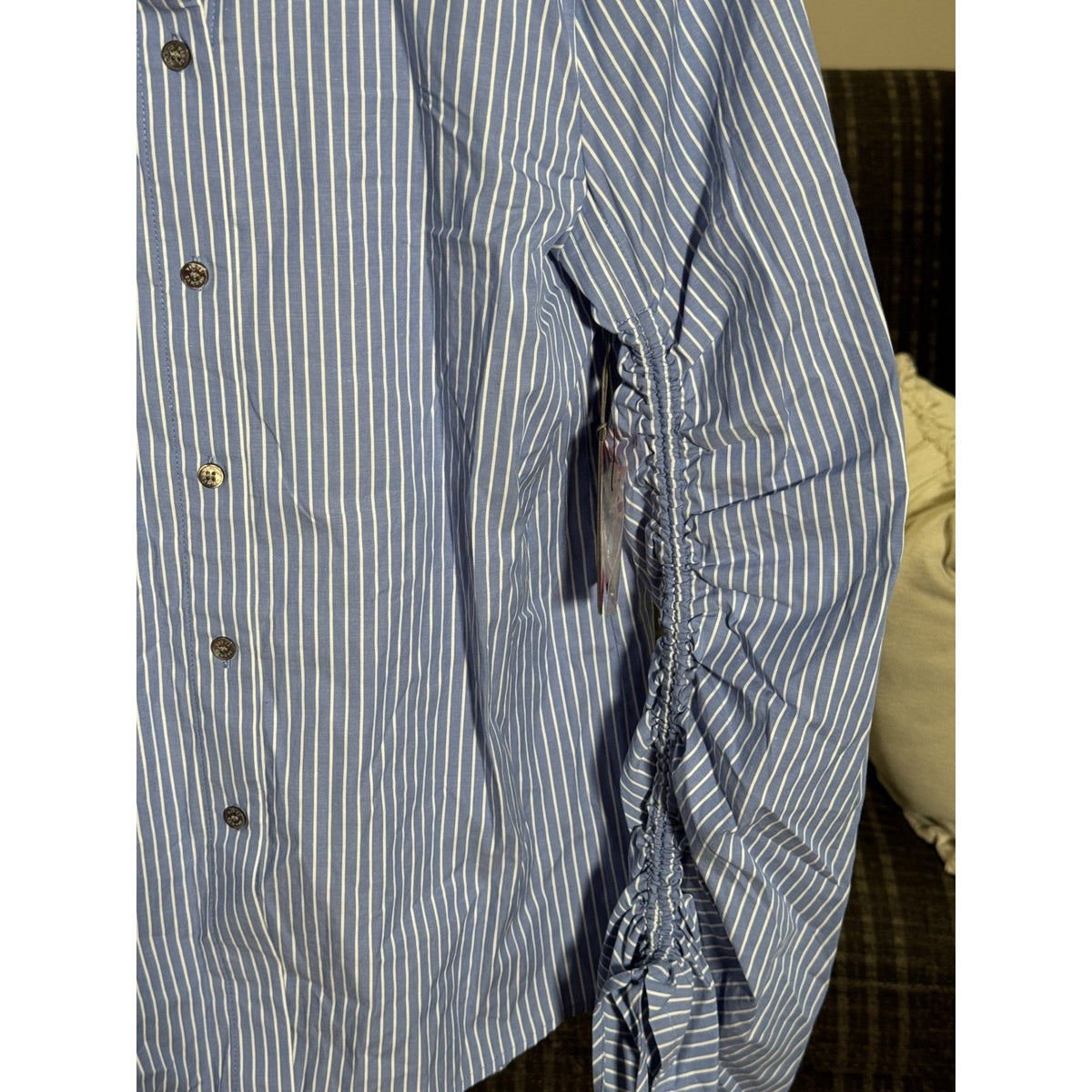 Vince Camuto Blue White Striped Ruched Tie Sleeve Button Down Shirt M MSRP $119