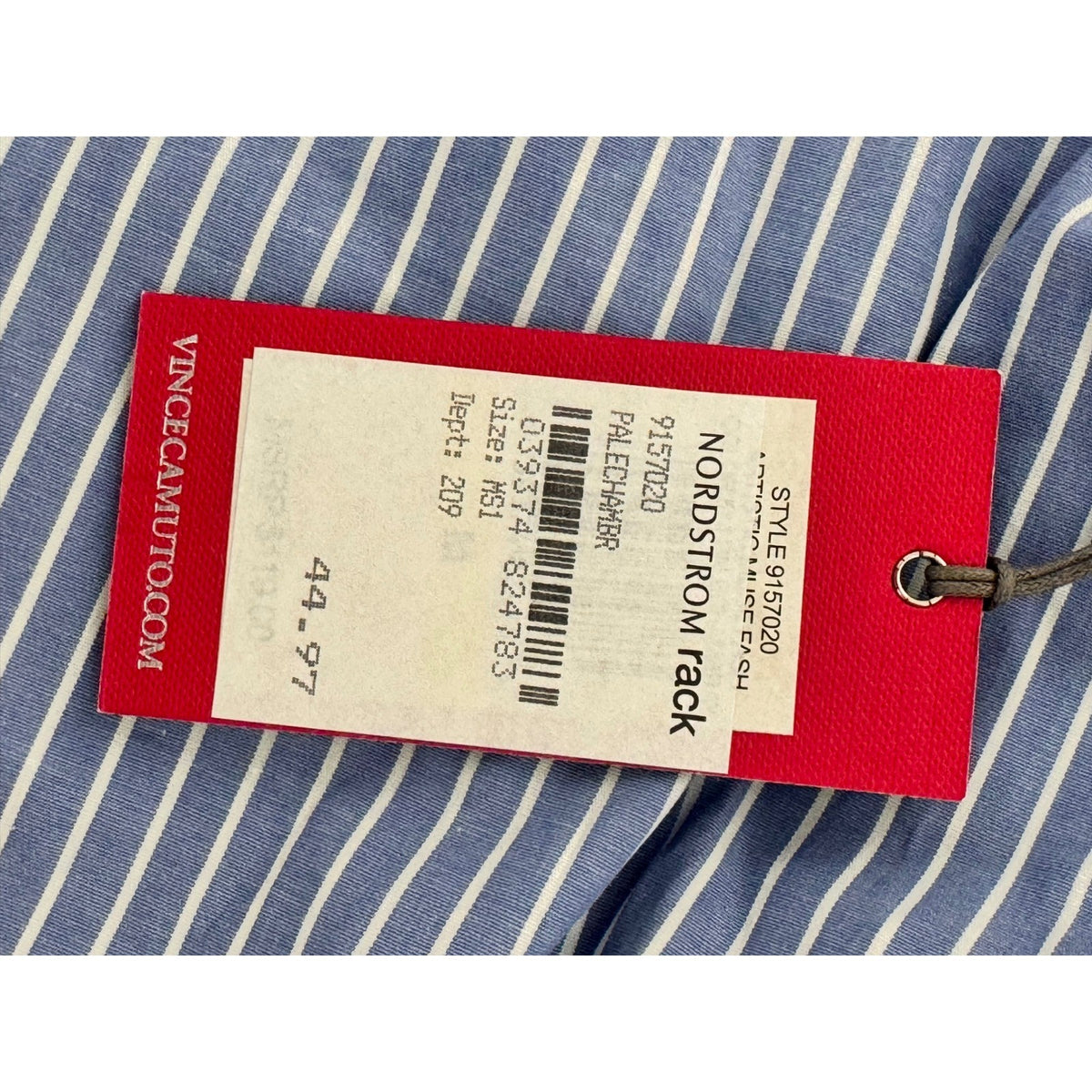 Vince Camuto Blue White Striped Ruched Tie Sleeve Button Down Shirt M MSRP $119