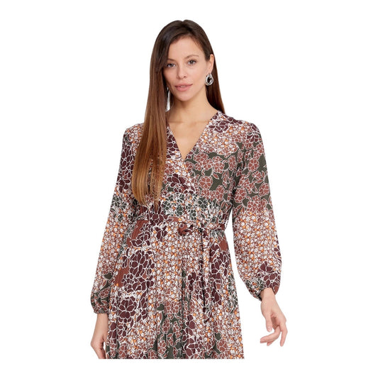 Eslina Karop Floral Patchwork Midi Dress Long Bishop Sleeve Brown Tan V-Neck M