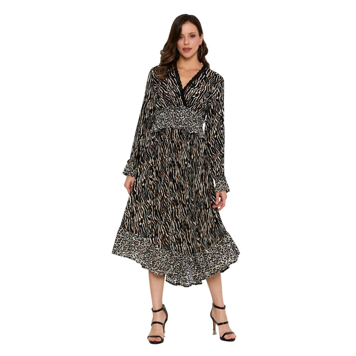 Clara Faith Mixed Animal Print Midi Dress V-Neck Smocked Waist Tiger Leopard M