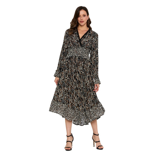 Clara Faith Mixed Animal Print Midi Dress V-Neck Smocked Waist Tiger Leopard M