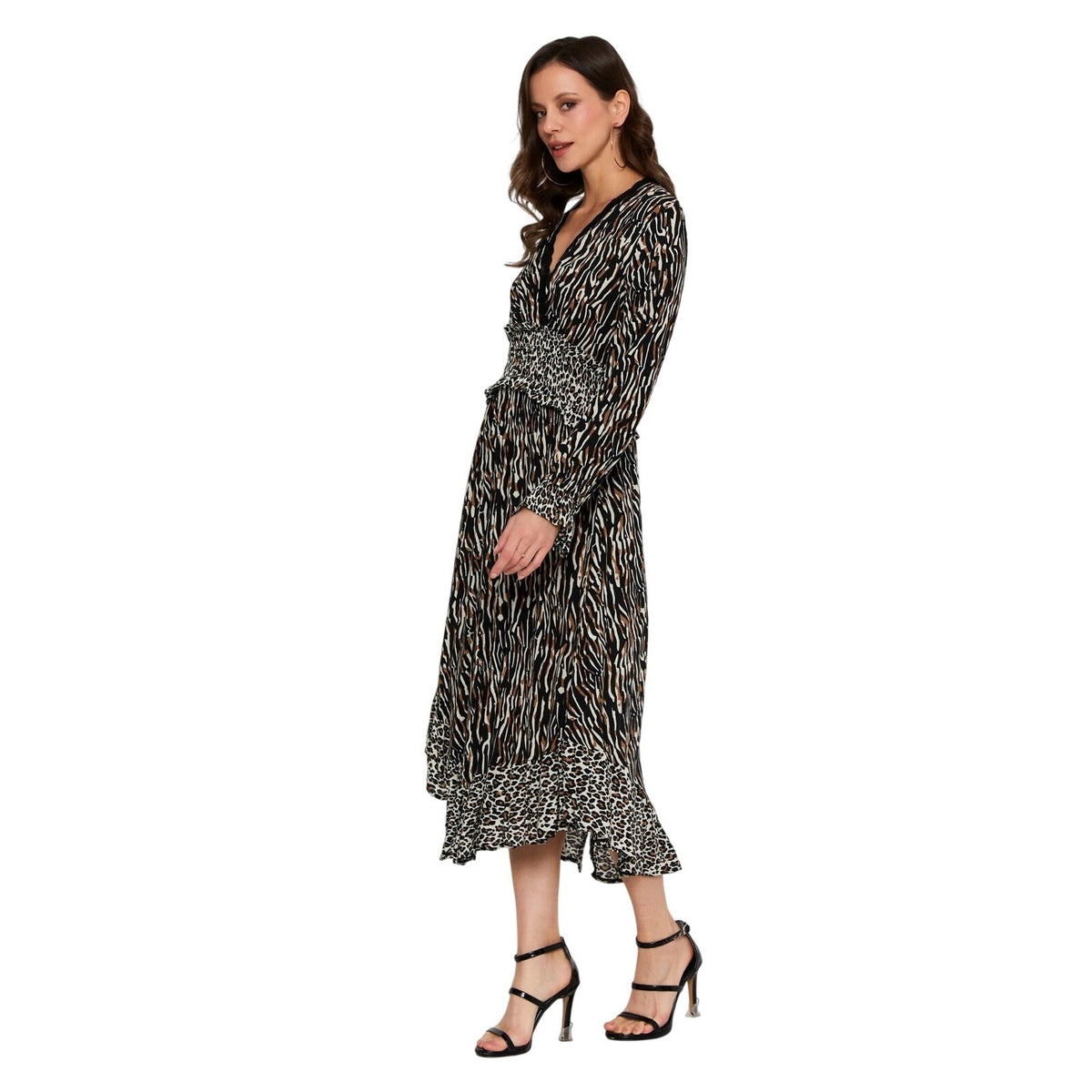Clara Faith Mixed Animal Print Midi Dress V-Neck Smocked Waist Tiger Leopard M