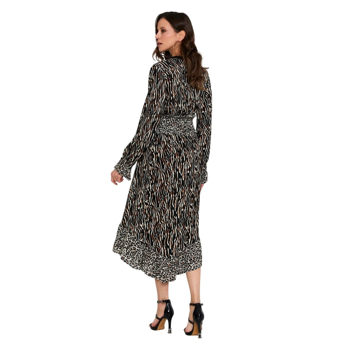 Clara Faith Mixed Animal Print Midi Dress V-Neck Smocked Waist Tiger Leopard M