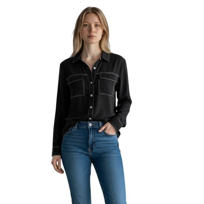Vince Camuto Black Contrast Stitch Long Sleeve Button Down Utility Shirt XXS