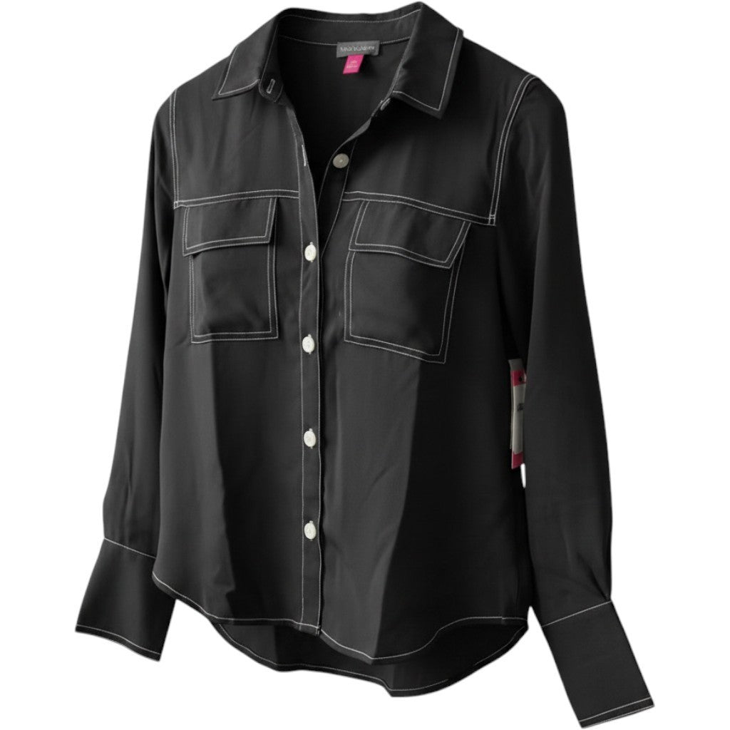 Vince Camuto Black Contrast Stitch Long Sleeve Button Down Utility Shirt XXS