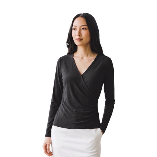 INC International Concepts Womens Deep Black Surplice Ruched Long Sleeve Top