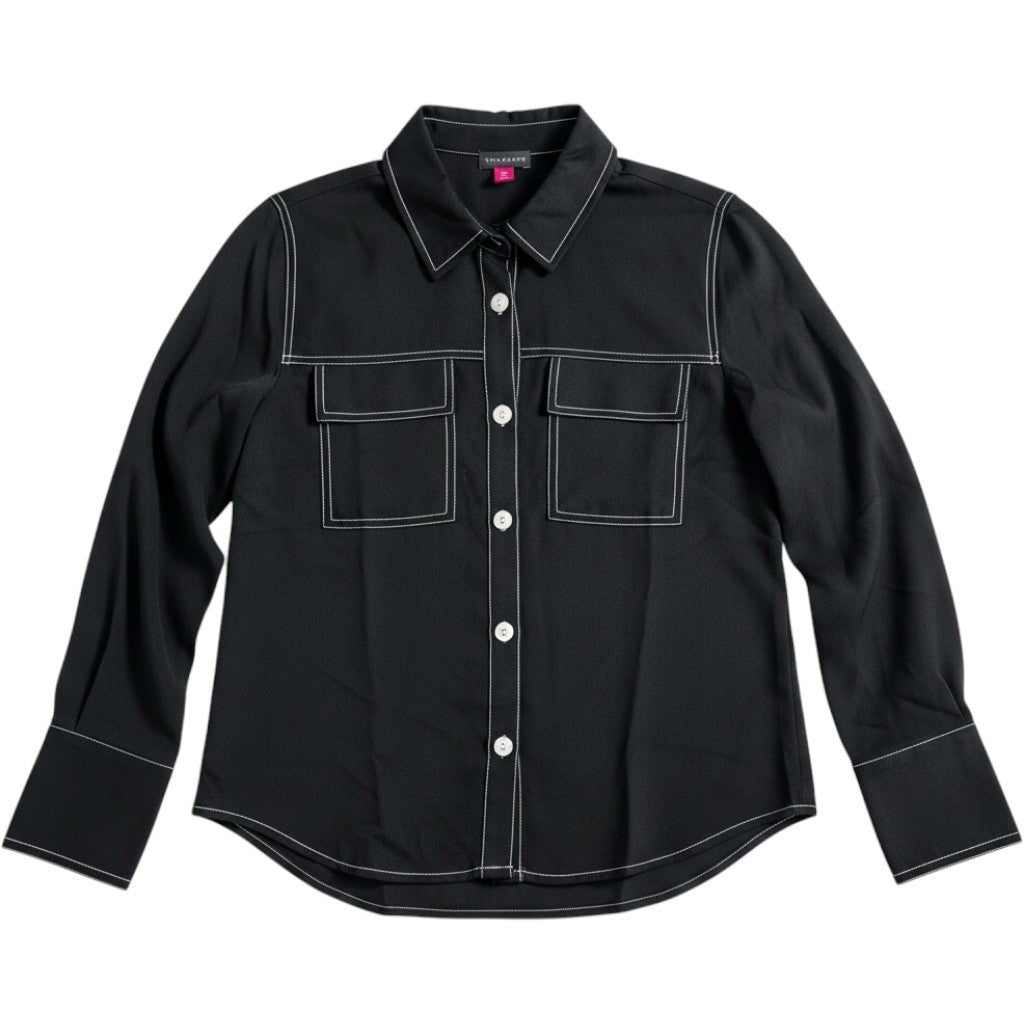 Vince Camuto Black Contrast Stitch Long Sleeve Button Down Utility Shirt XXS