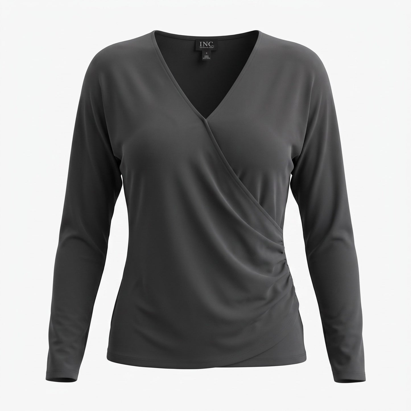 INC International Concepts Womens Deep Black Surplice Ruched Long Sleeve Top