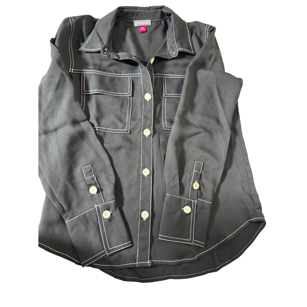 Vince Camuto Black Contrast Stitch Long Sleeve Button Down Utility Shirt XXS