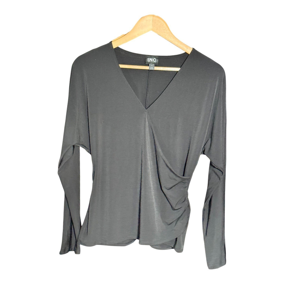 INC International Concepts Womens Deep Black Surplice Ruched Long Sleeve Top