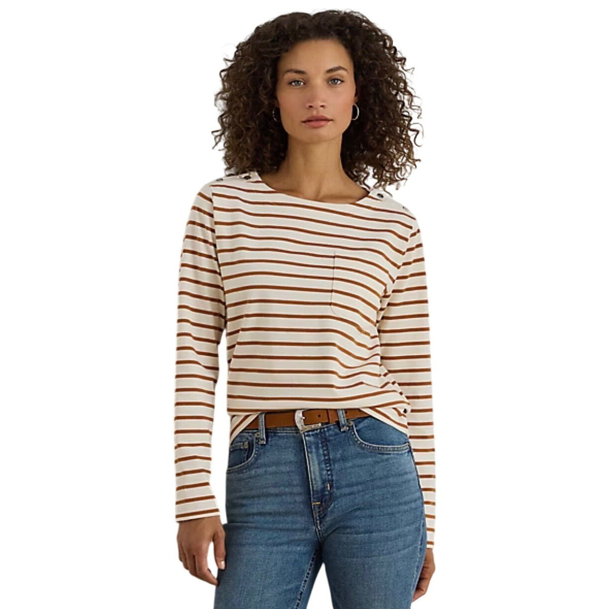 Lauren Ralph Lauren Striped Button Shoulder Long Sleeve Top Brown Cream LRL XL