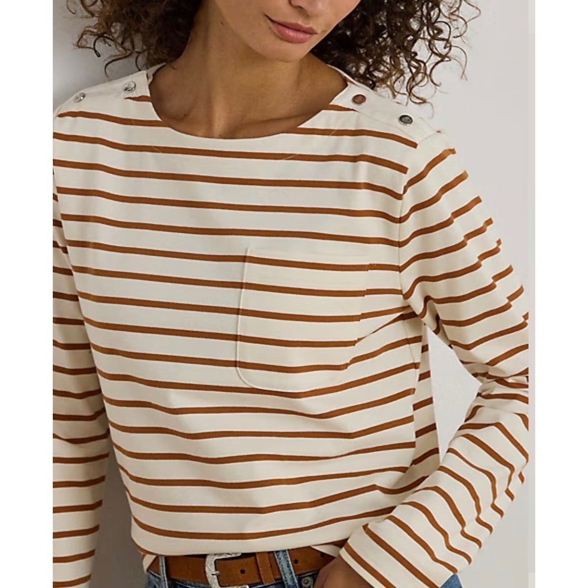 Lauren Ralph Lauren Striped Button Shoulder Long Sleeve Top Brown Cream LRL XL