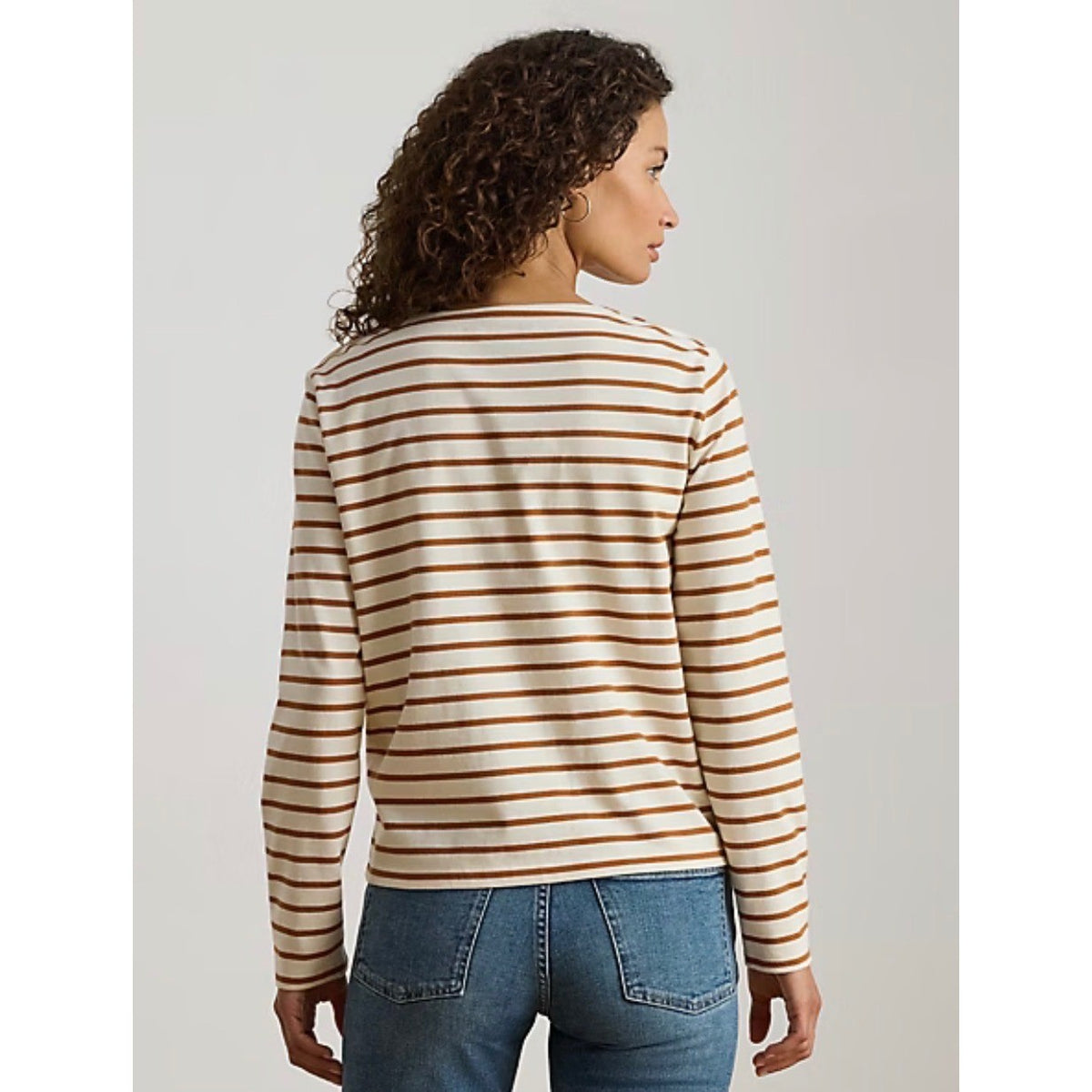 Lauren Ralph Lauren Striped Button Shoulder Long Sleeve Top Brown Cream LRL XL