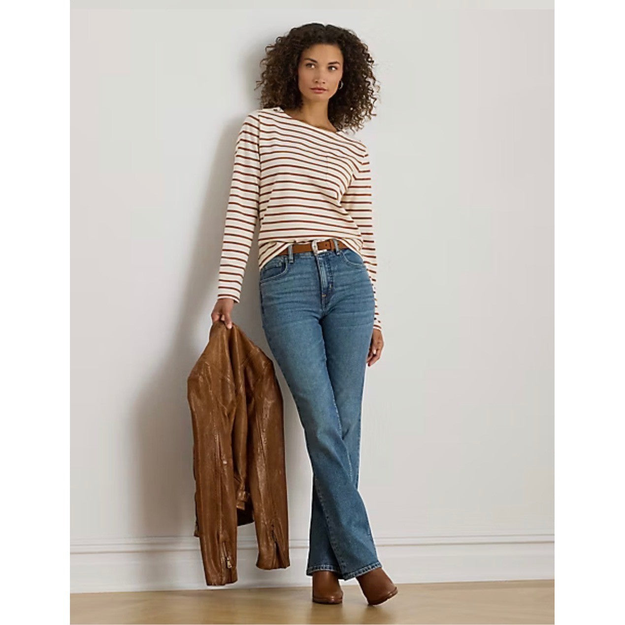 Lauren Ralph Lauren Striped Button Shoulder Long Sleeve Top Brown Cream LRL XL