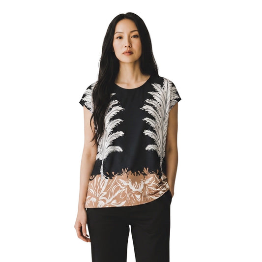 Vince Camuto MSRP$59 Black Tropical Palm Print Cap Sleeve Tie Back Blouse Top XL