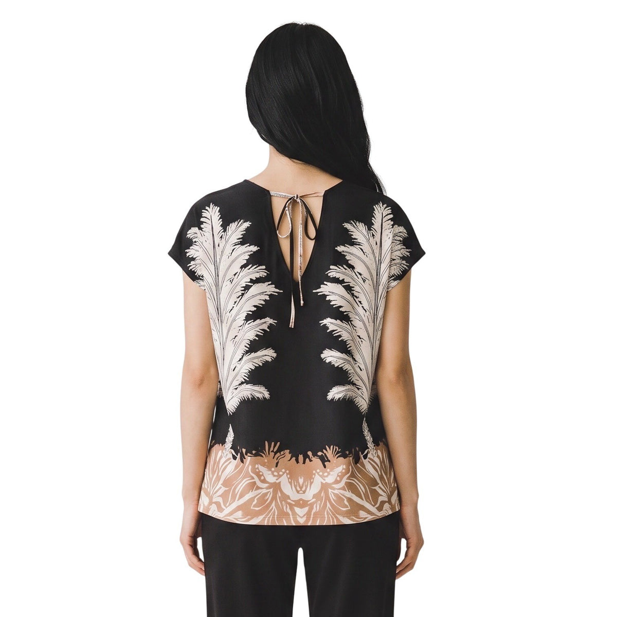 Vince Camuto MSRP$59 Black Tropical Palm Print Cap Sleeve Tie Back Blouse Top XL