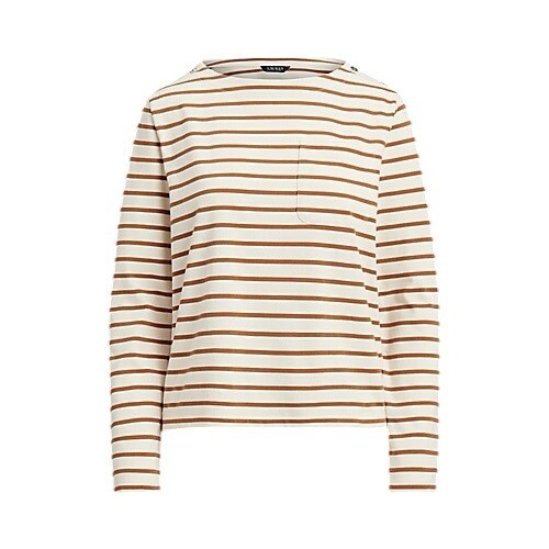 Lauren Ralph Lauren Striped Button Shoulder Long Sleeve Top Brown Cream LRL XL