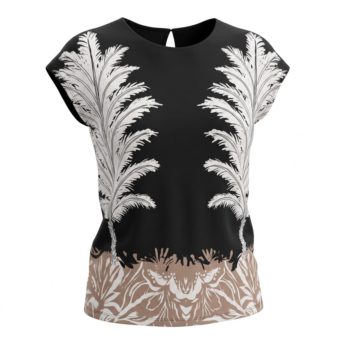 Vince Camuto MSRP$59 Black Tropical Palm Print Cap Sleeve Tie Back Blouse Top XL